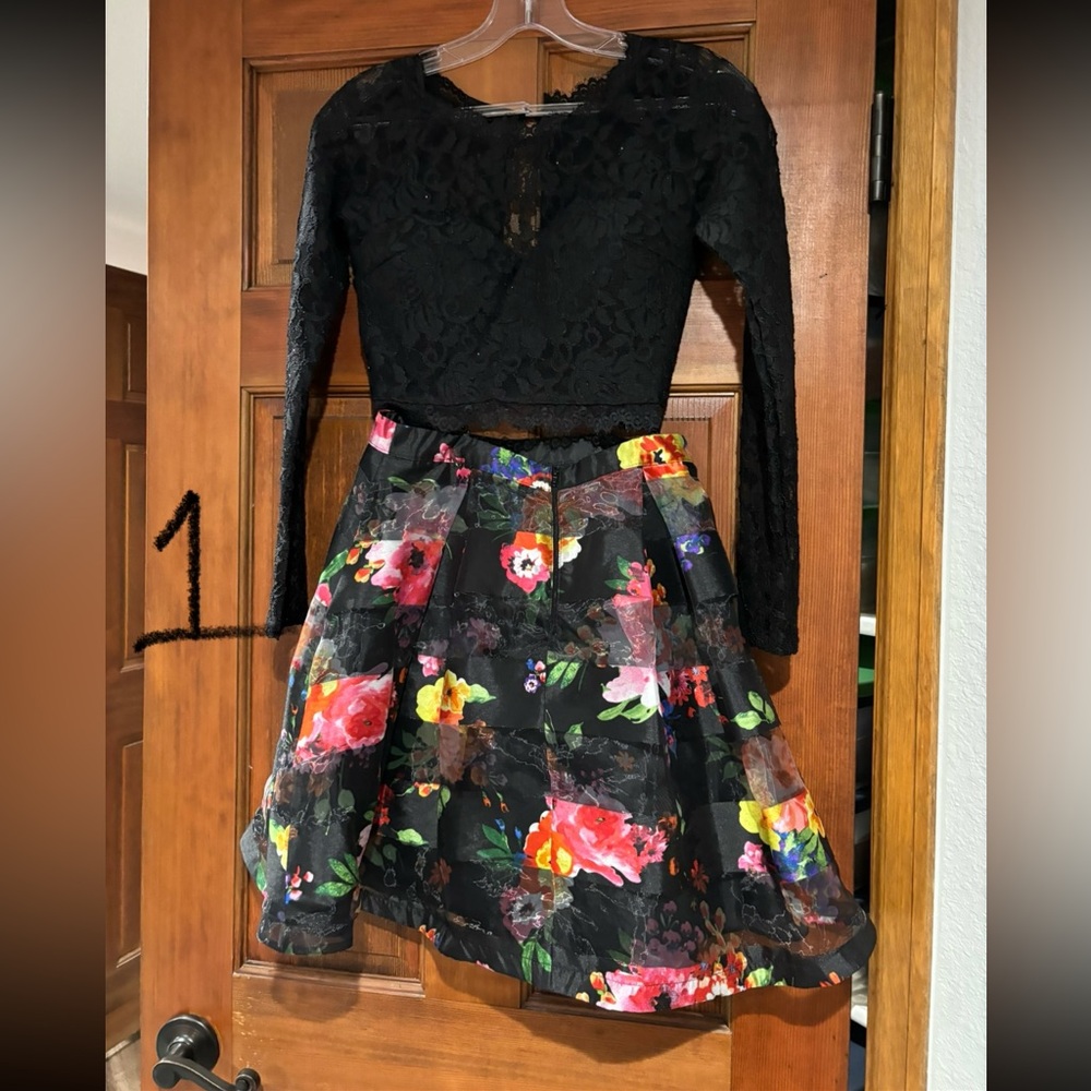 Macy's Black Lace Dress with Floral Skirt